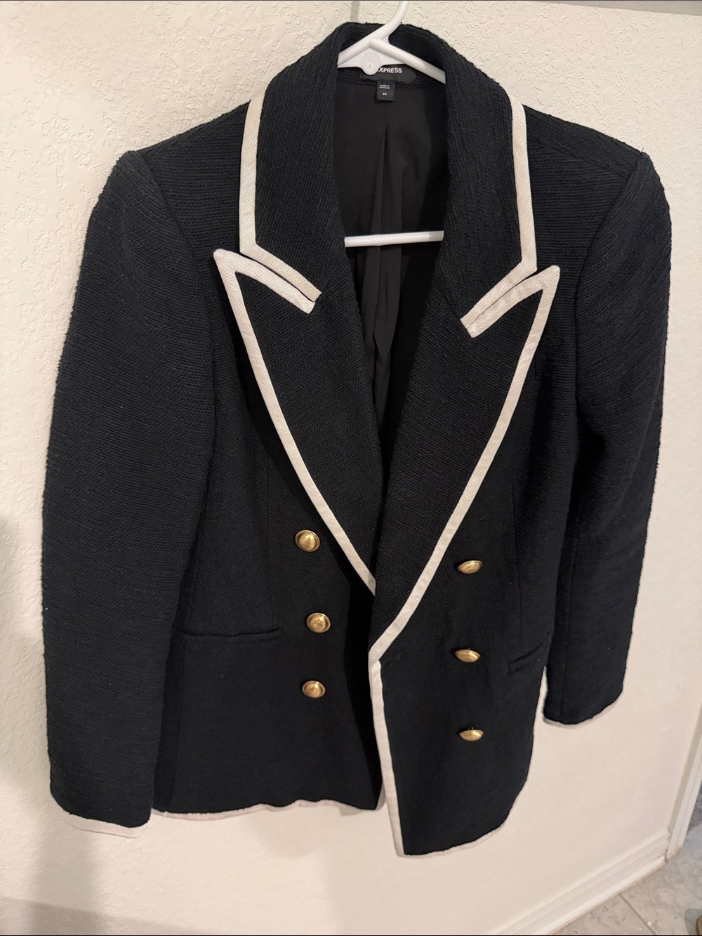 Express Black Peacoat with White Trim and Gold Buttons